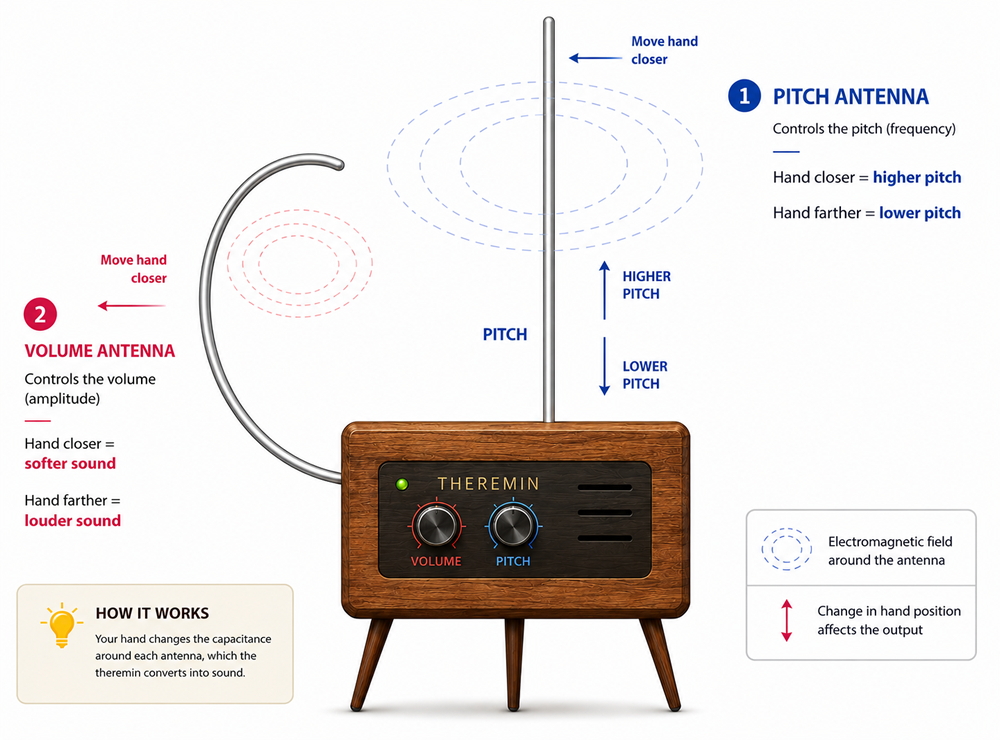 Diagram of the theremin's two antennas: the vertical pitch antenna (moving the hand closer raises the pitch, farther lowers it) and the horizontal volume antenna (moving the hand closer softens the sound, farther makes it louder)