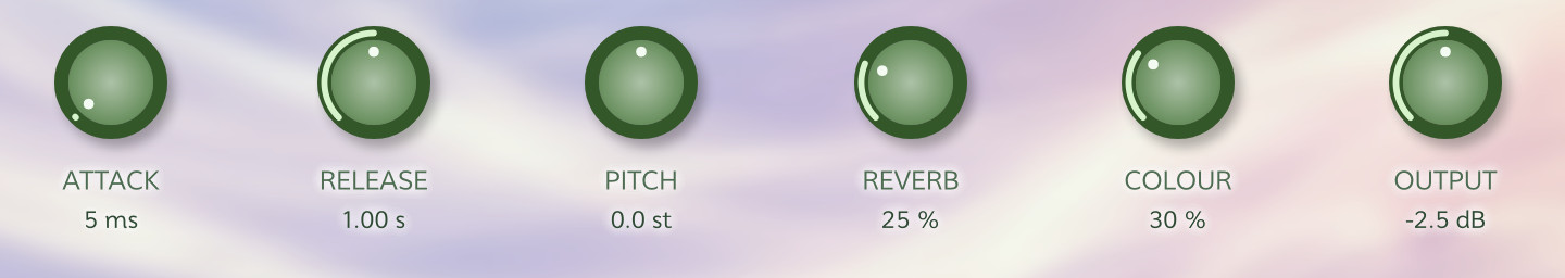 The six knobs: Attack, Release, Pitch, Reverb, Colour and Output.