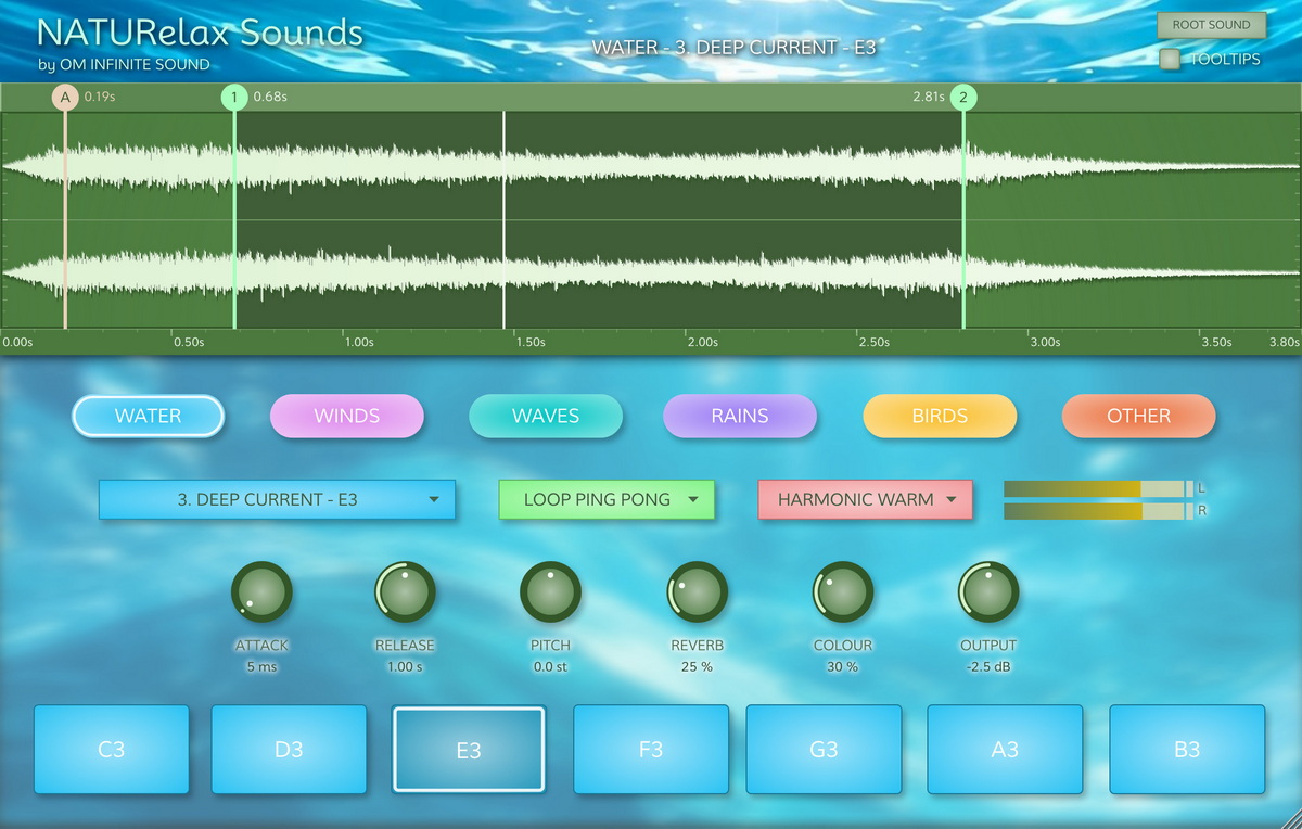 The NATURelax Sounds interface in the WATER category: the waveform display with its
            markers, the six category buttons, the knobs and the seven pads.