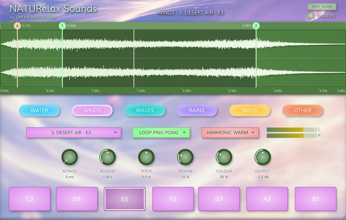 NATURelax Sounds showing the WINDS category.